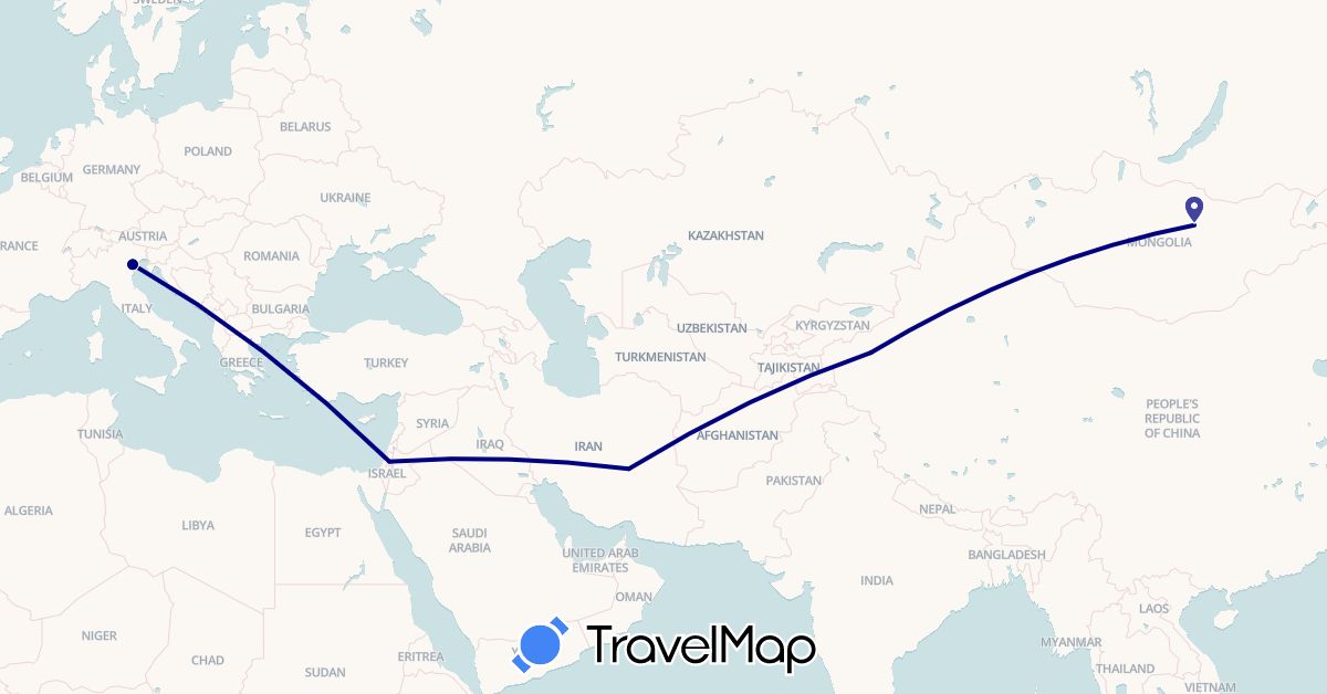 TravelMap itinerary: driving in China, Israel, Iran, Italy, Mongolia (Asia, Europe)